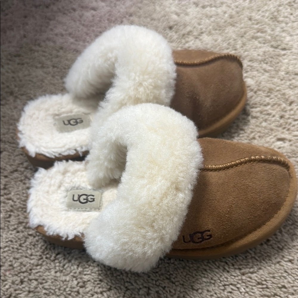 UGG Tan Suede Slippers with White Shearling